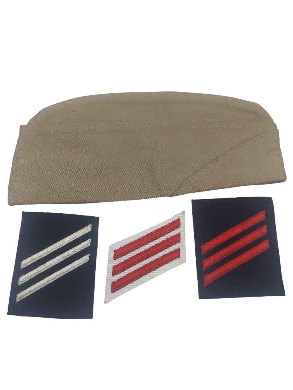 US WWII Khaki Garrison Cap & 3 Military Service Insignia Patches Vtg Collectible